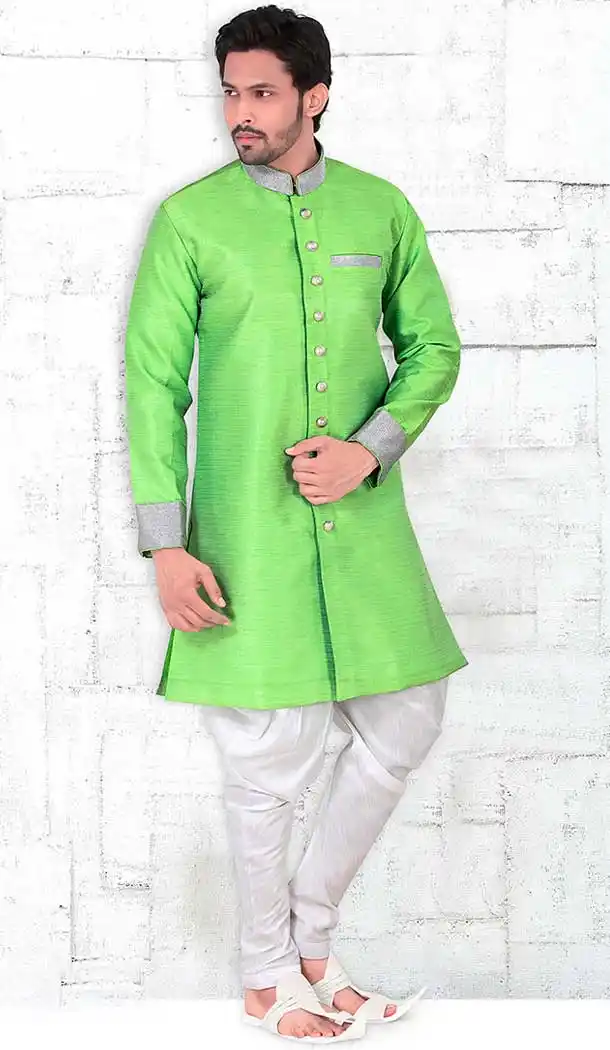 Mint Green Color Banarasi Silk Lace Work Mens Readymade Chudidar Kurta | FH535680919