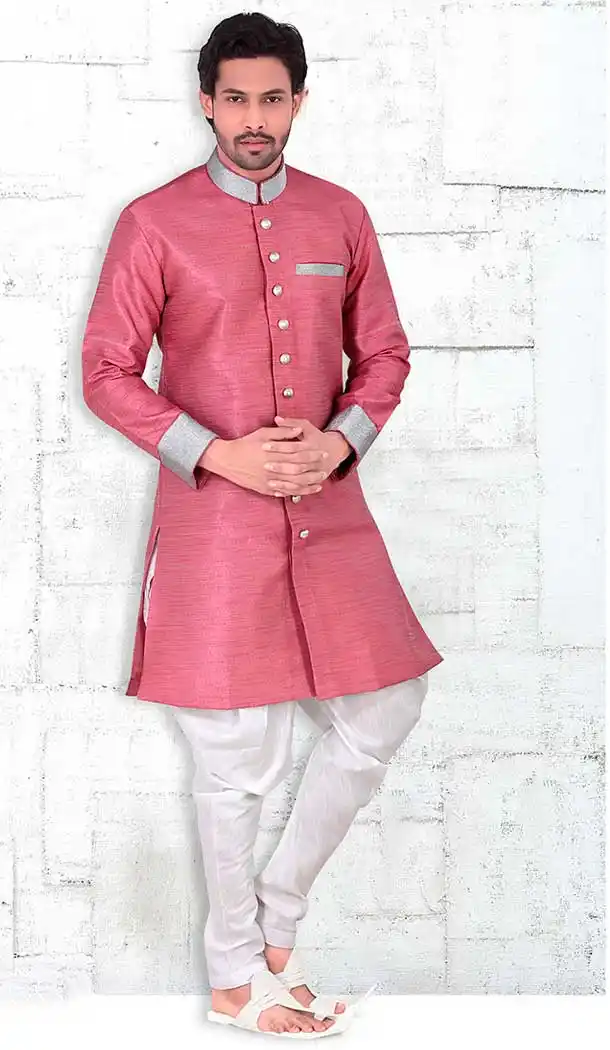 Salmon Color Banarasi Silk Lace Work Mens Readymade Chudidar Kurta | FH535680920