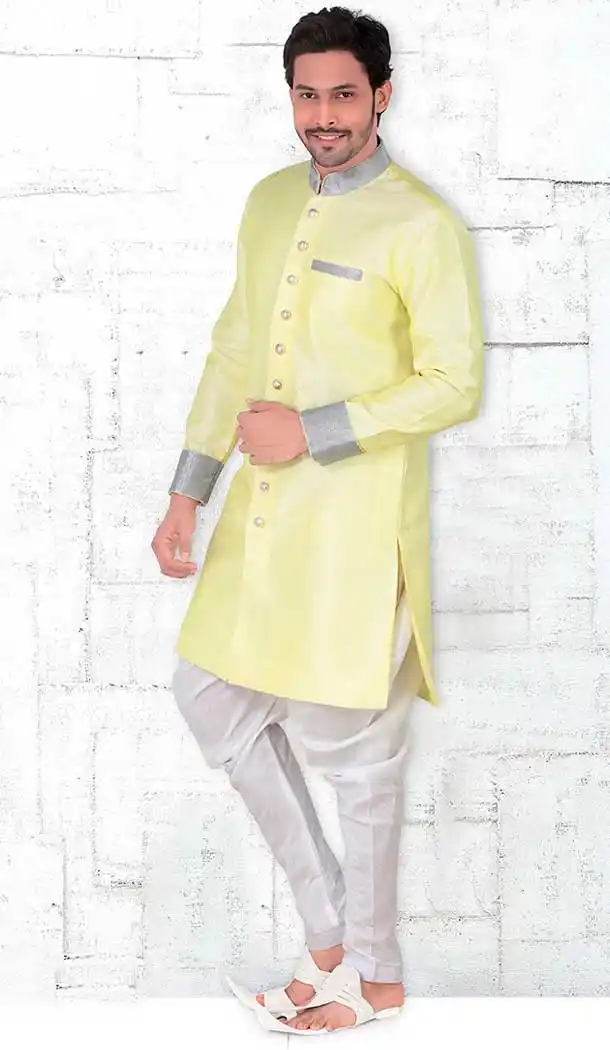 Yellow Color Banarasi Silk Lace Work Mens Readymade Chudidar Kurta | FH535680921