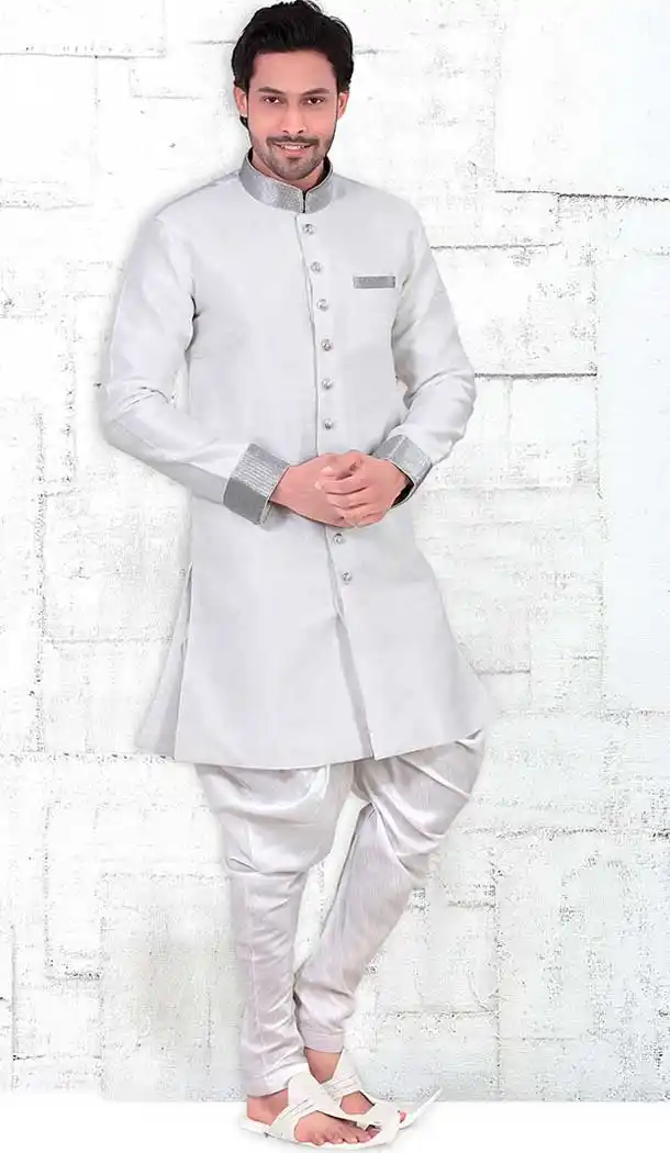 White Color Banarasi Silk Lace Work Mens Readymade Chudidar Kurta | FH535680922
