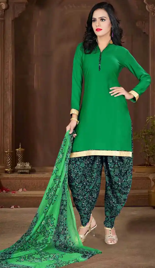 Chrome Green Color Crepe Silk Straight Cut Casual Wear Punjabi Patiyala Suit | FH535880784