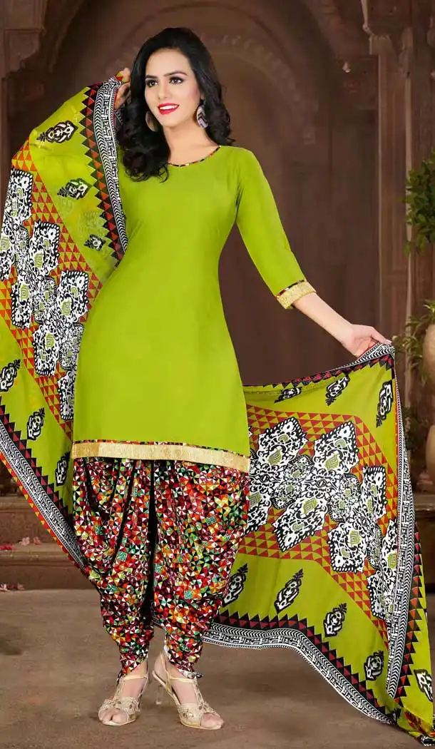 Parrot Green Color Crepe Silk Straight Cut Casual Wear Punjabi Patiyala Suit | FH535880790