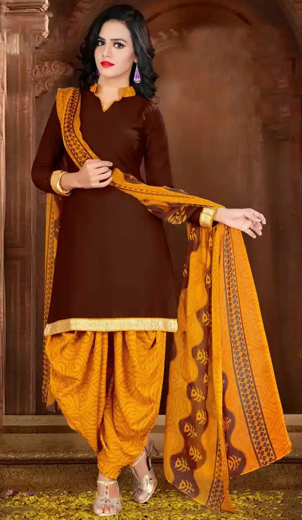 Chocolate Color Crepe Silk Straight Cut Casual Wear Punjabi Patiyala Suit | FH535880791