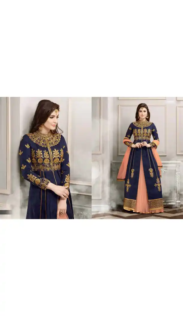 Navy Blue Color Silk Anarkali Style Party Wear Lehenga Suit | FH536280829