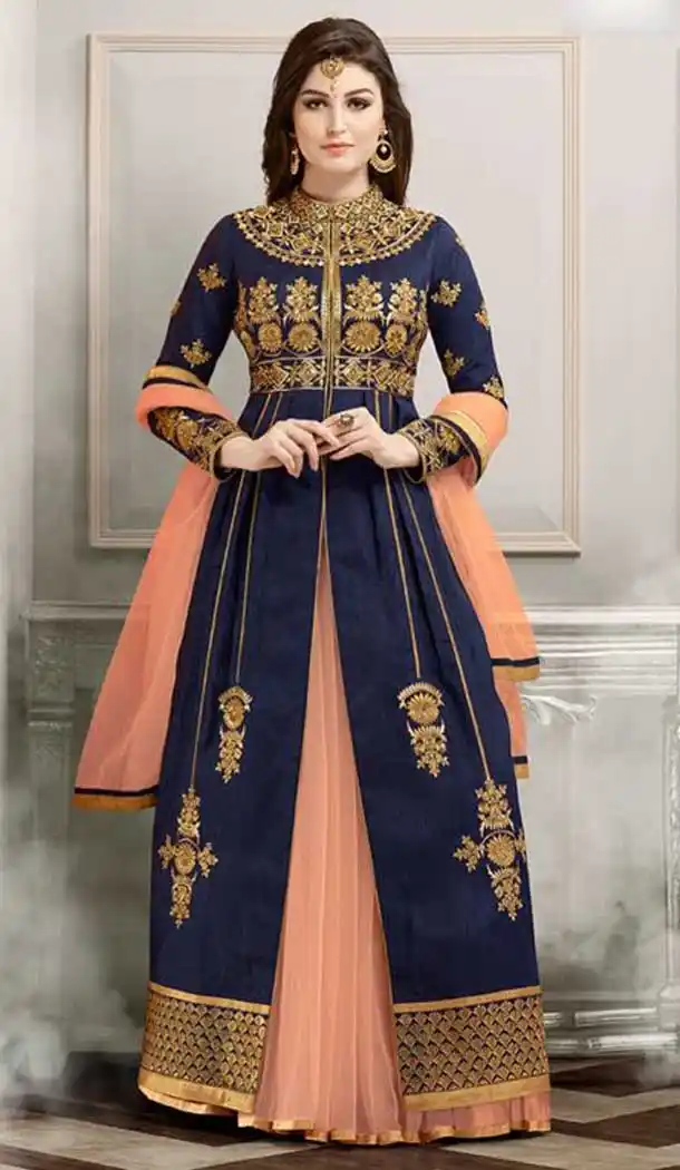 Navy Blue Color Silk Anarkali Style Party Wear Lehenga Suit | FH536280829