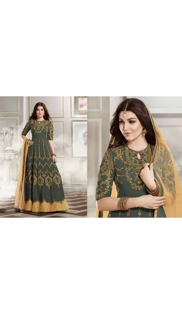 Grey Color Silk Anarkali Style Party Wear Churidar Suit | FH536280830