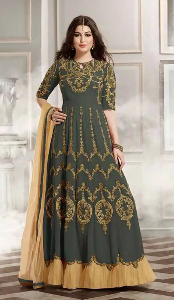 Grey Color Silk Anarkali Style Party Wear Churidar Suit | FH536280830