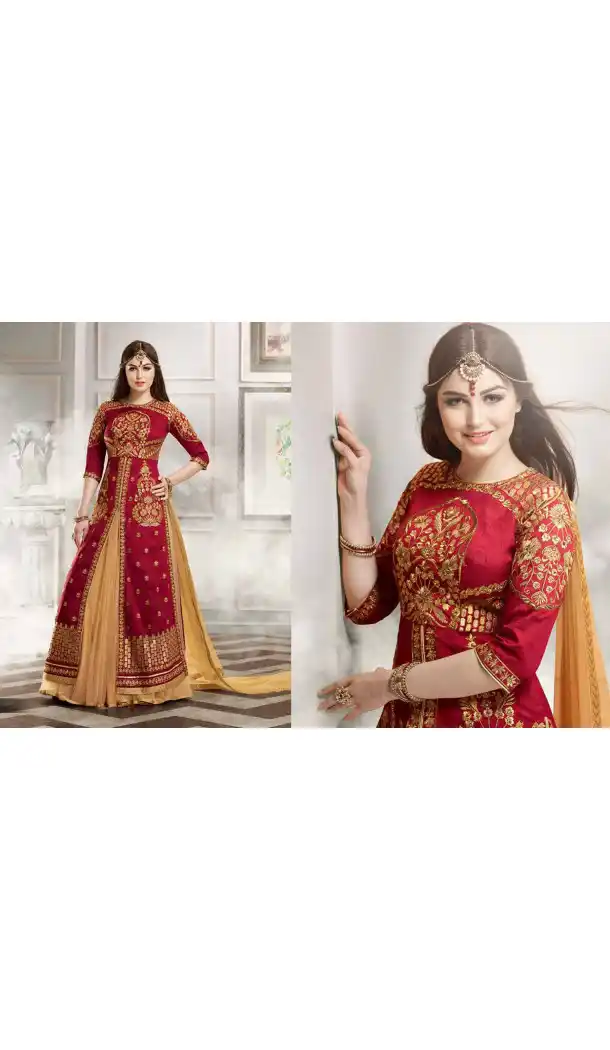 Crimson Color Silk Anarkali Style Party Wear Lehenga Suit | FH536280832