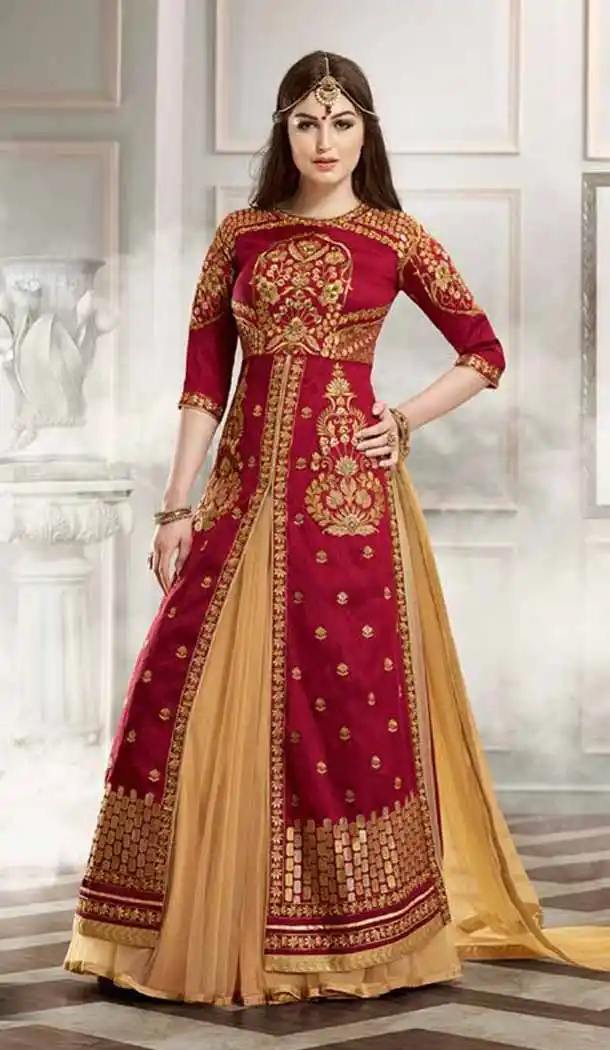 Crimson Color Silk Anarkali Style Party Wear Lehenga Suit | FH536280832