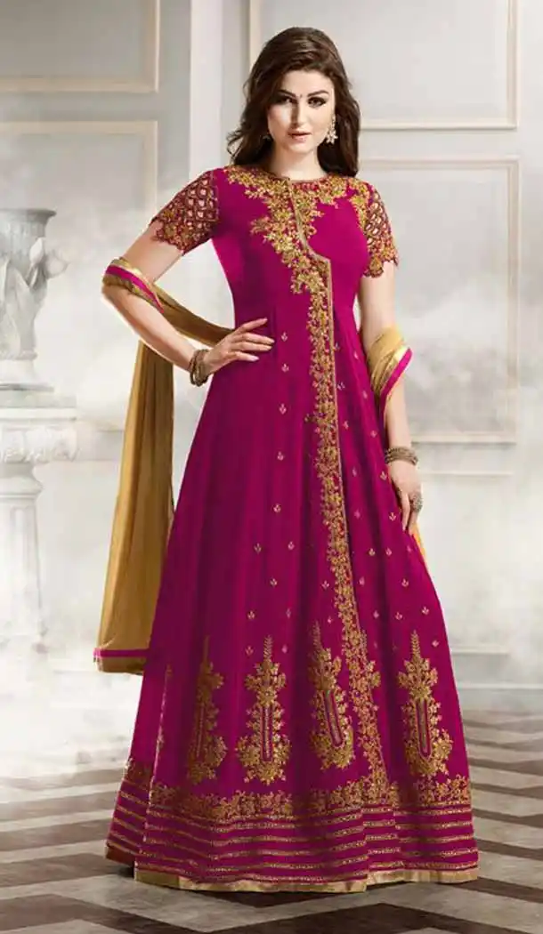 Deep Pink Color Silk Anarkali Style Party Wear Churidar Suit | FH536280834