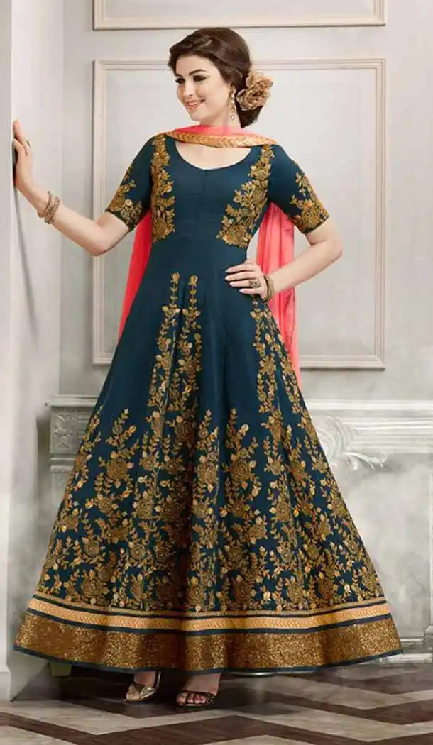Navy Blue Color Silk Anarkali Style Party Wear Churidar Suit | FH536280835