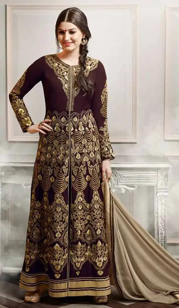 Maroon Color Silk Anarkali Style Party Wear Narrow Pants Suit | FH536280836
