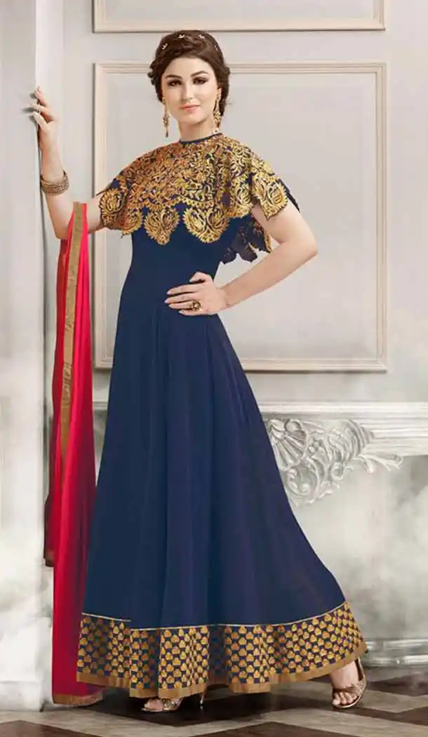 Blue Color Silk Anarkali Style Party Wear Narrow Pants Suit | FH536280837