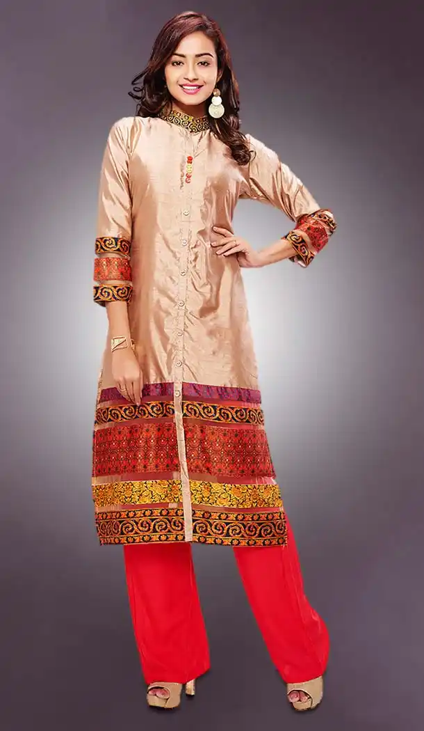 Beige Color Chanderi Silk Achkan Style Party Wear Readymade Kurtis | FH536780894