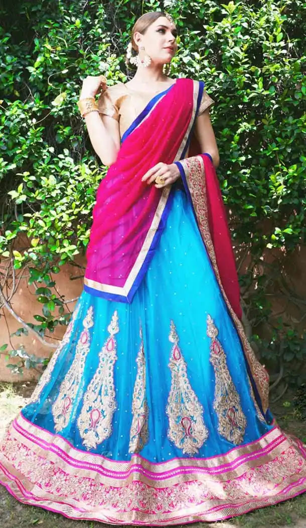 Circular Style Sky Blue Color Net Crystals Stones Work Lehenga Choli | FH536880928