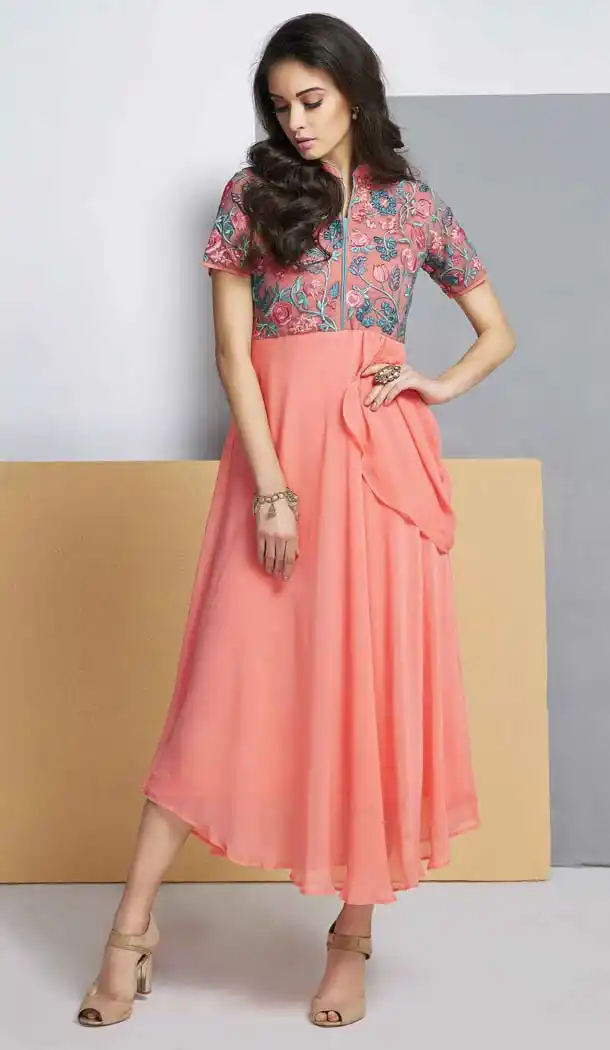 Salmon Color Georgette A-line Style Party Wear Readymade Kurtis | FH537480981