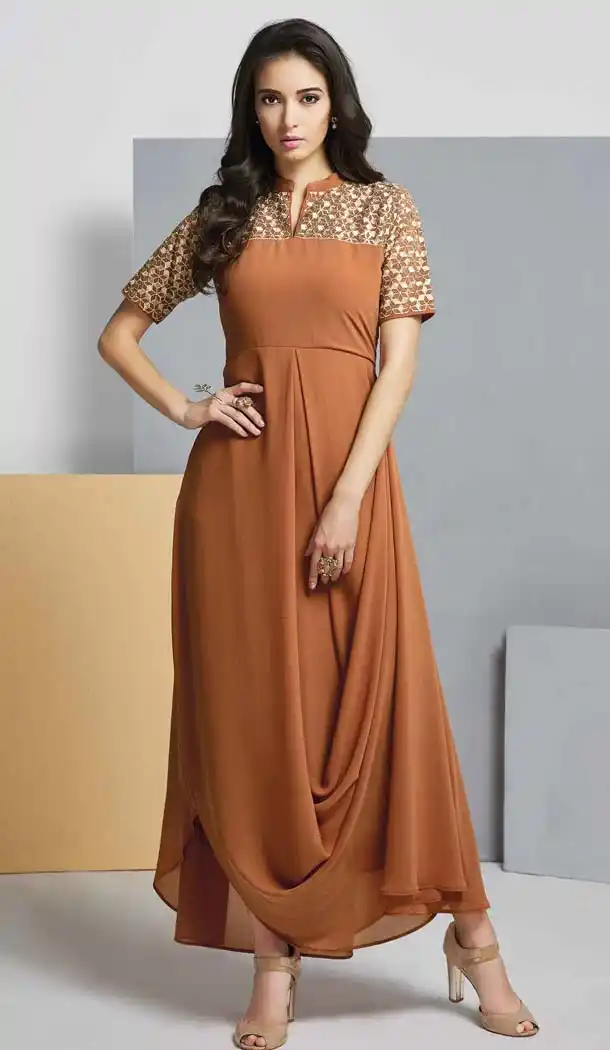 Brown Color Georgette A-line Style Party Wear Readymade Kurtis | FH537480982