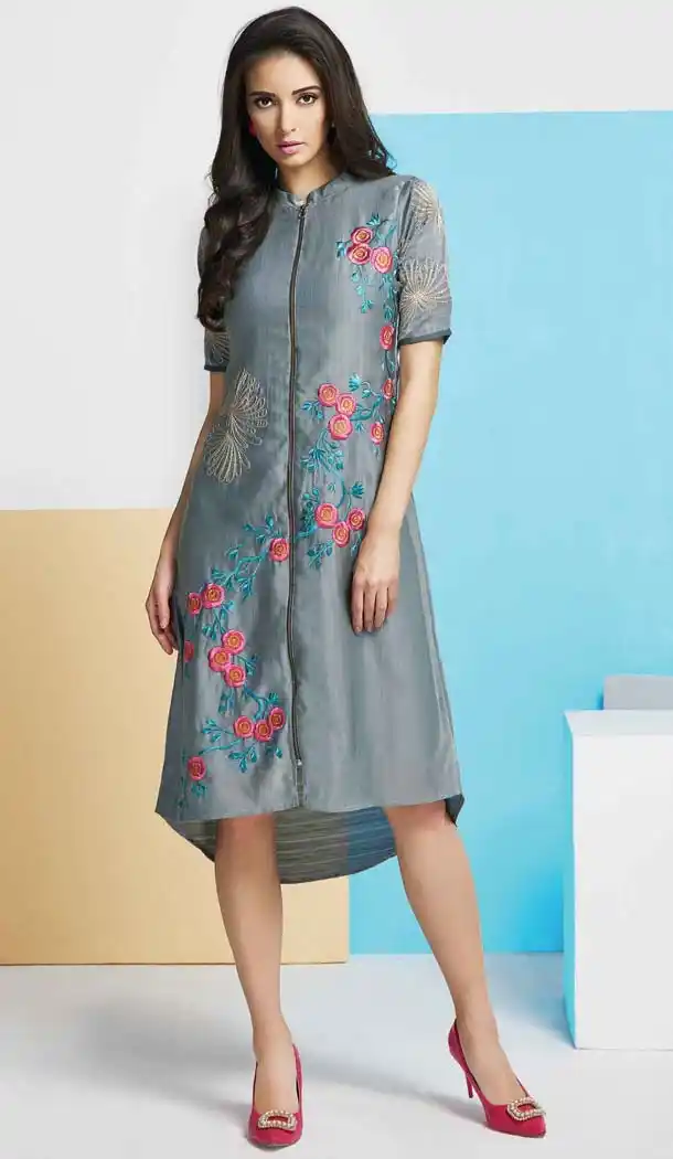 Slate Grey Color Georgette Achkan Style Party Wear Readymade Kurtis | FH537480984