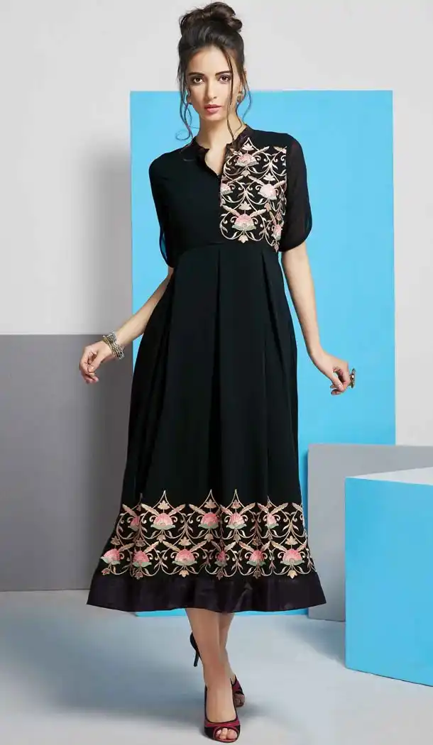 Black Color Georgette Straight Style Party Wear Readymade Kurtis | FH537480986