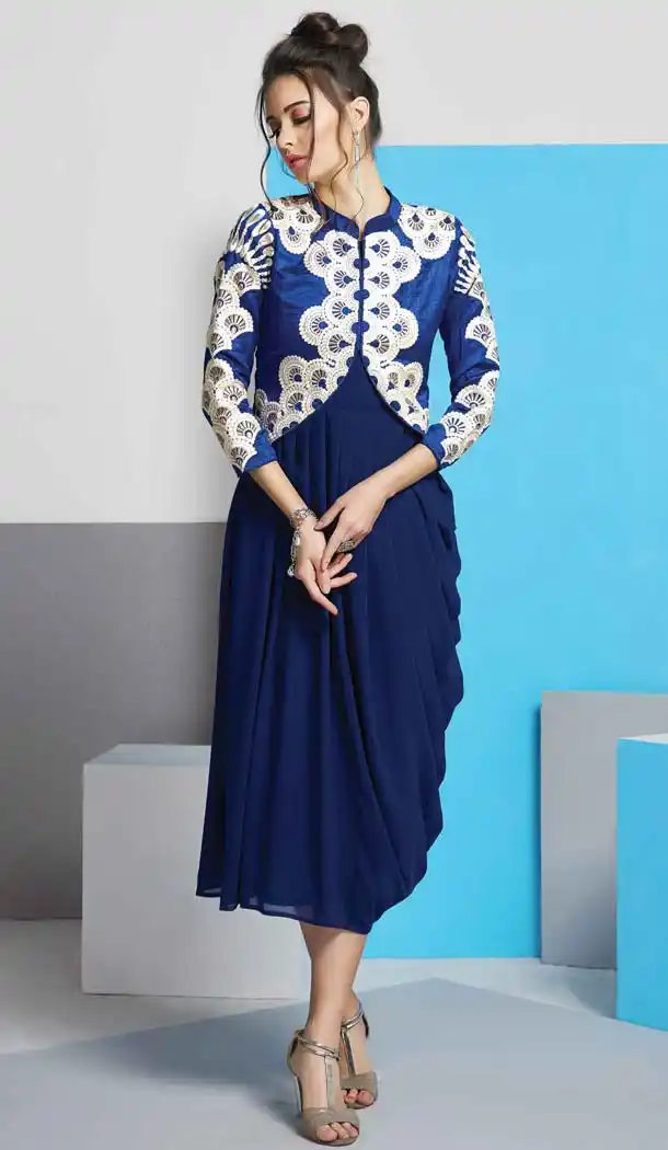 Navy Blue Color Georgette Straight Style Party Wear Readymade Kurtis | FH537480988