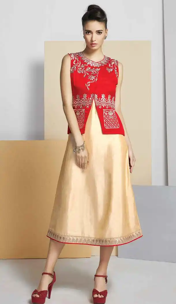 Beige Color Georgette Straight Style Party Wear Readymade Kurtis | FH537480989