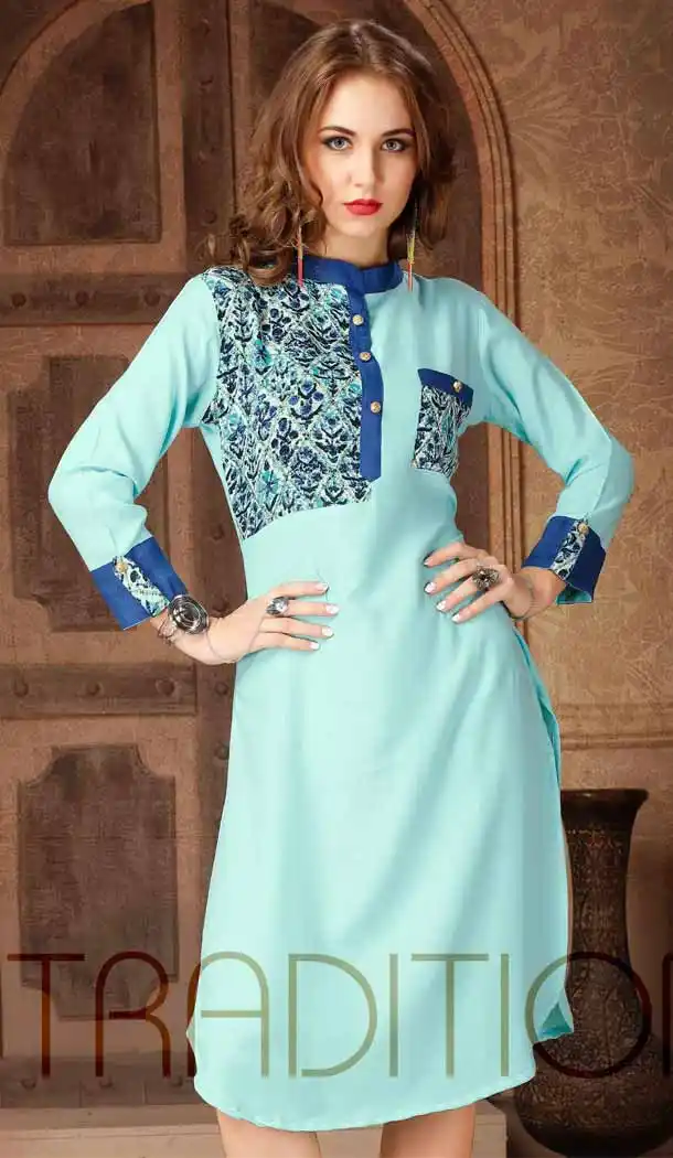 Turquoise Color Cotton Straight Style Party Wear Readymade Tunic Top | FH537781019