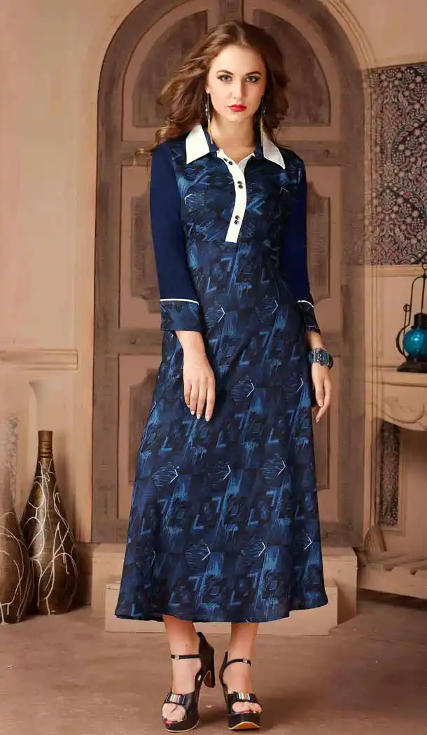 Navy Blue Color Cotton Shirt Style Party Wear Readymade Tunic Top | FH537781024