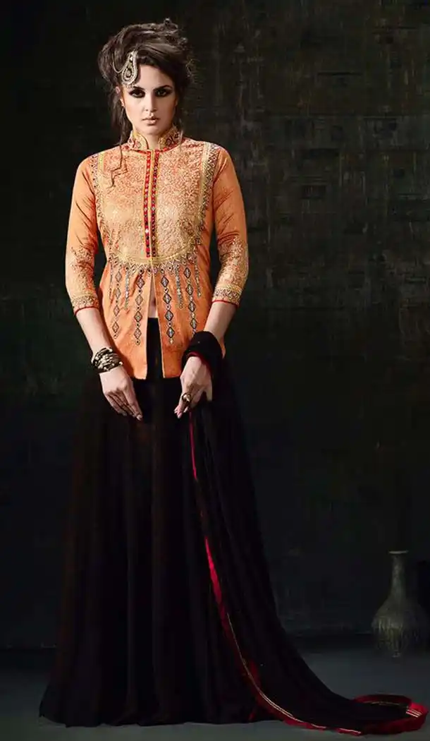 Orange Color Silk Short Kameez Style Lehenga Kameez | FH539081140