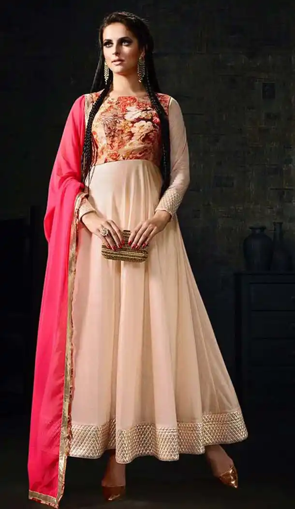 Off White Color Lycra Anarkali Style Churidar Kameez | FH539081141