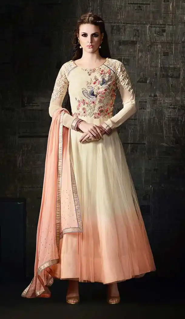 Cream Color Georgette,Net Anarkali Style Churidar Kameez | FH539081144
