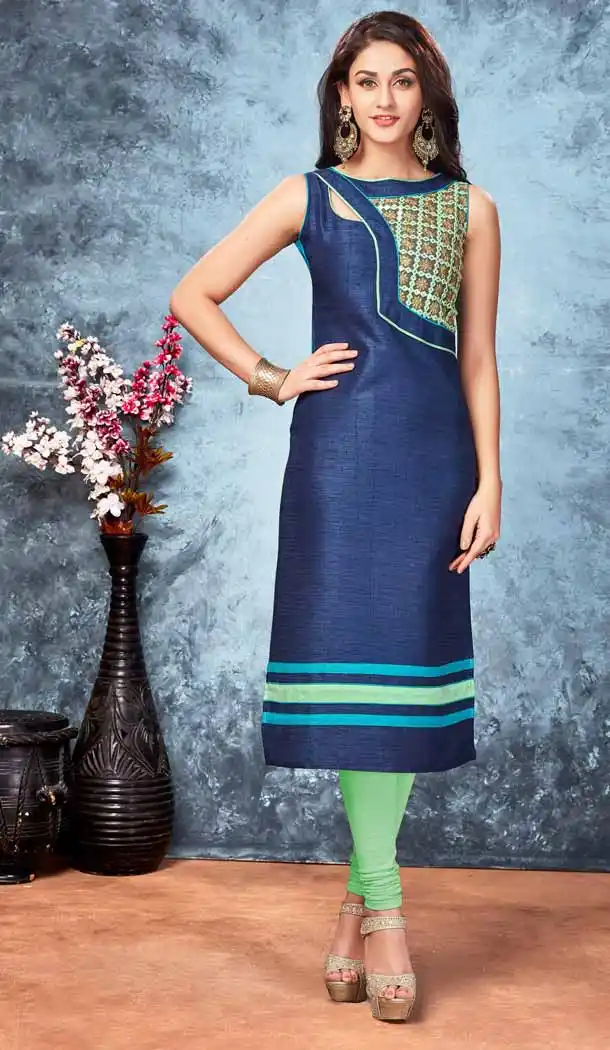 Navy Blue Color Silk Straight Style Readymade Kurti | FH539281153