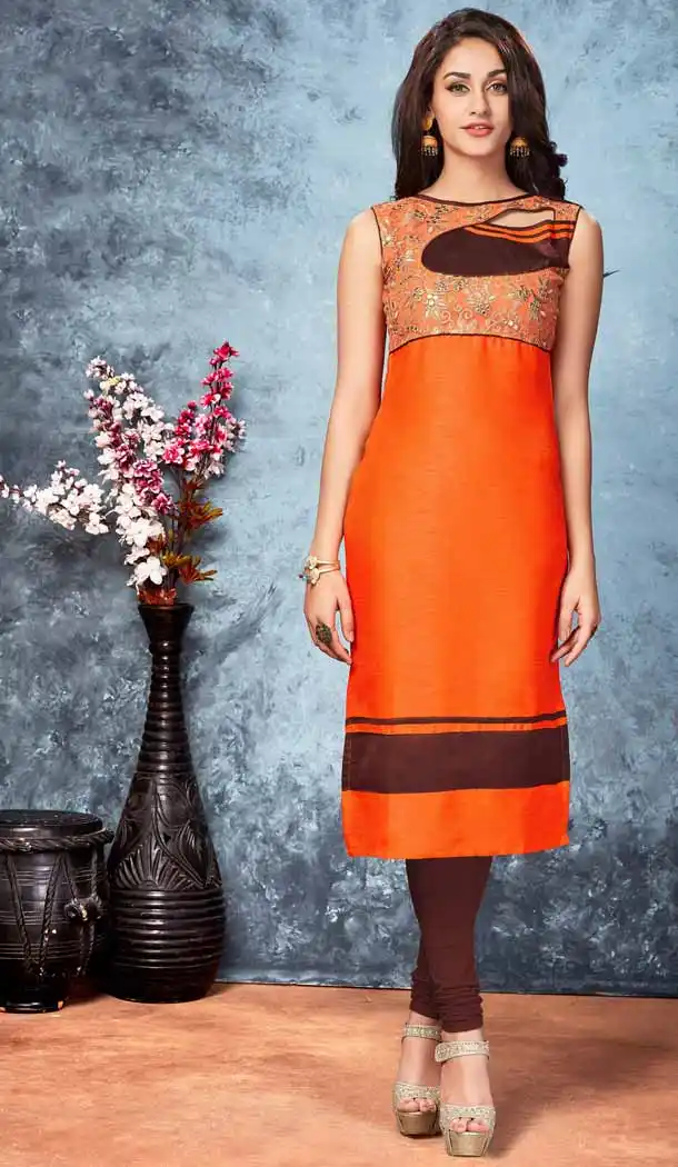 Orange Color Silk Straight Style Readymade Kurti | FH539281155