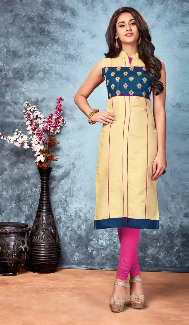 Beige Color Silk Straight Style Readymade Kurti | FH539281156