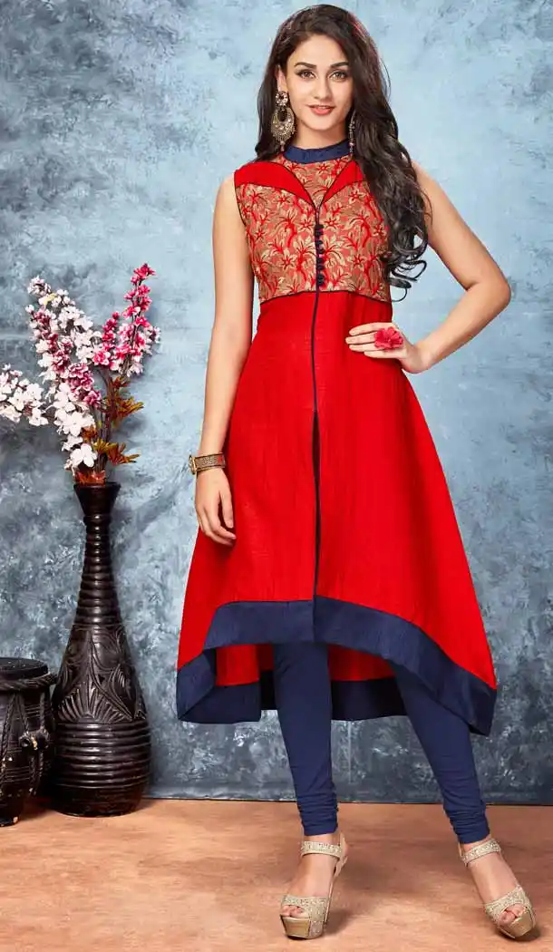 Red Color Silk Straight Style Readymade Kurti | FH539281157