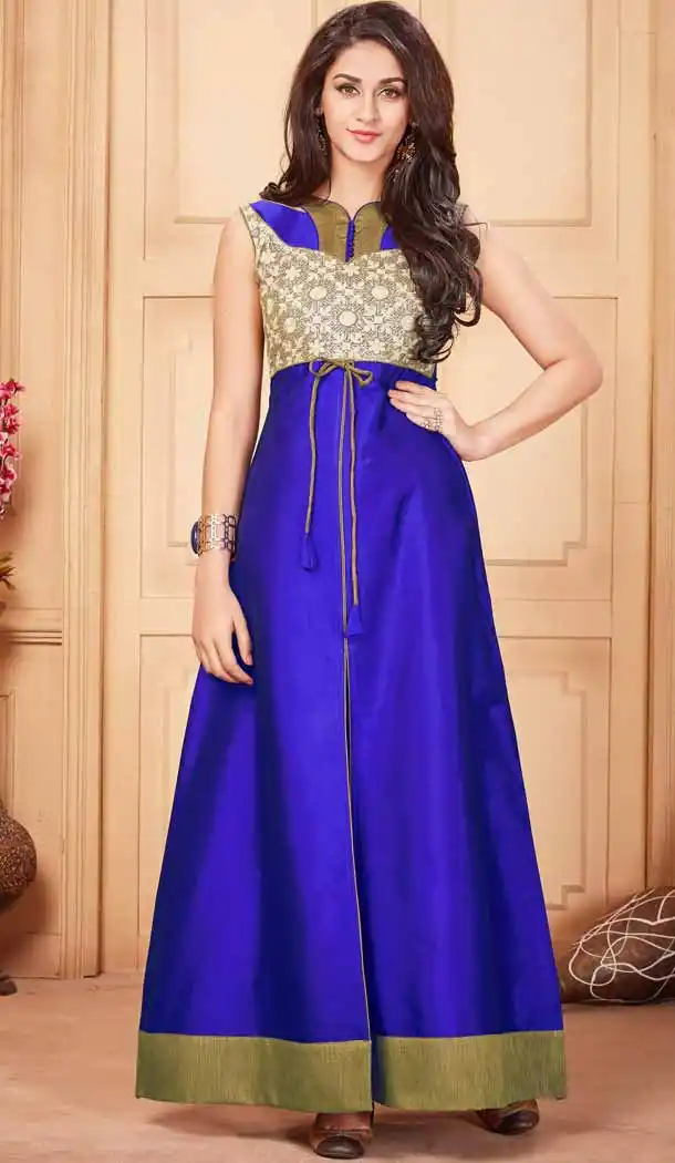 Silk Fabric Blue Color Achkan Style Readymade Kurtis | FH539381158