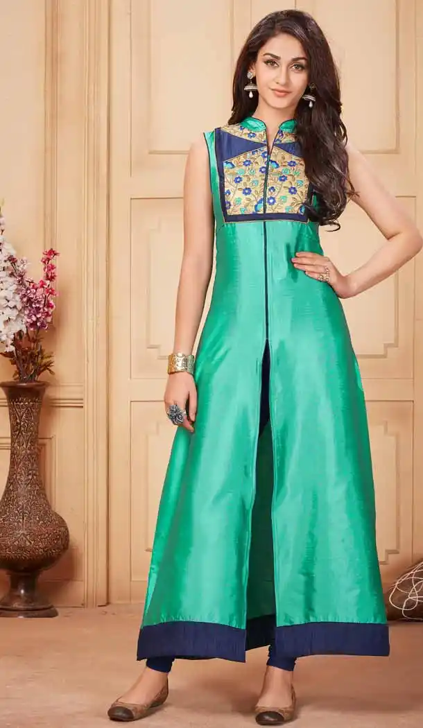 Silk Fabric Turquoise Color A-line Style Readymade Kurtis | FH539381161