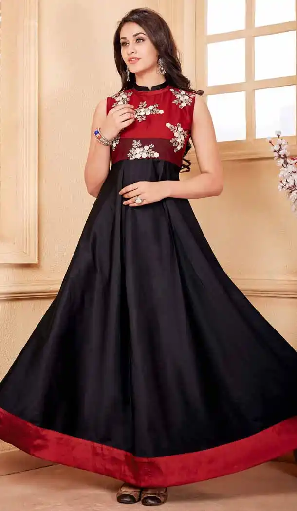 Silk Fabric Black Color A-line Style Readymade Kurtis | FH539381162