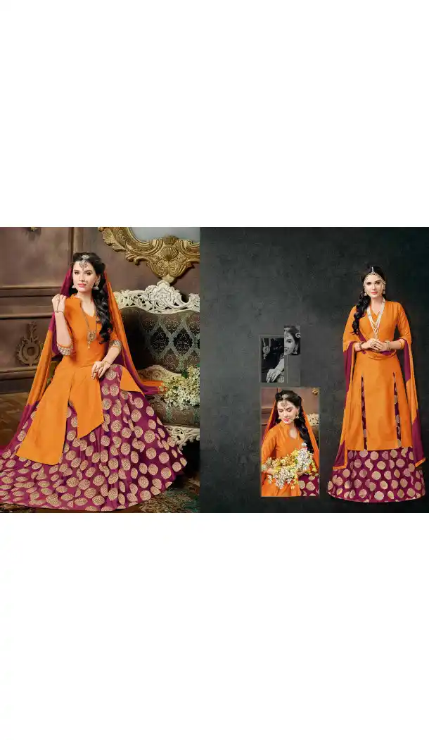 Orange Color Silk Achkan Style Evening Wear Lehenga Suit | FH539681182