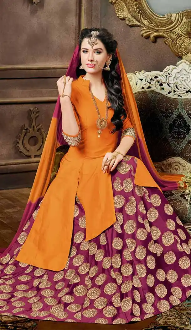 Orange Color Silk Achkan Style Evening Wear Lehenga Suit | FH539681182