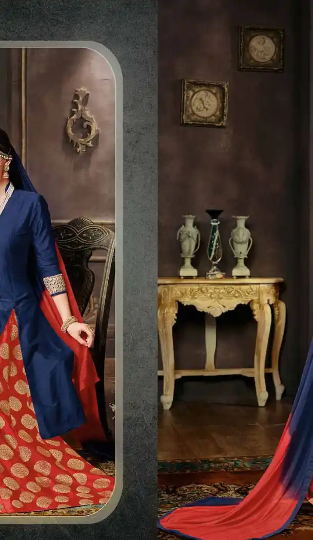 Navy Blue Color Silk Achkan Style Evening Wear Lehenga Suit | FH539681183