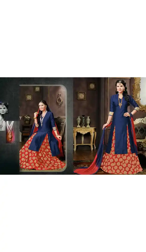 Navy Blue Color Silk Achkan Style Evening Wear Lehenga Suit | FH539681183