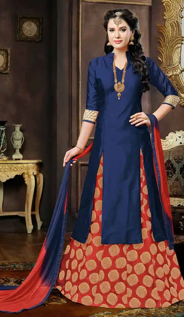 Navy Blue Color Silk Achkan Style Evening Wear Lehenga Suit | FH539681183