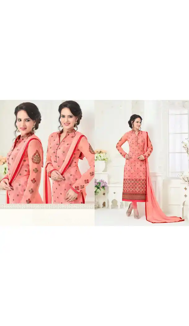 Salmon Color Georgette Straight Cut Evening Wear Chudidar Kameez | FH540181236