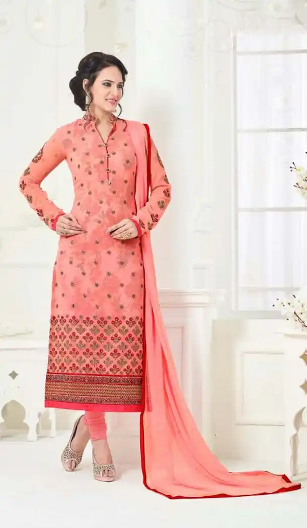 Salmon Color Georgette Straight Cut Evening Wear Chudidar Kameez | FH540181236