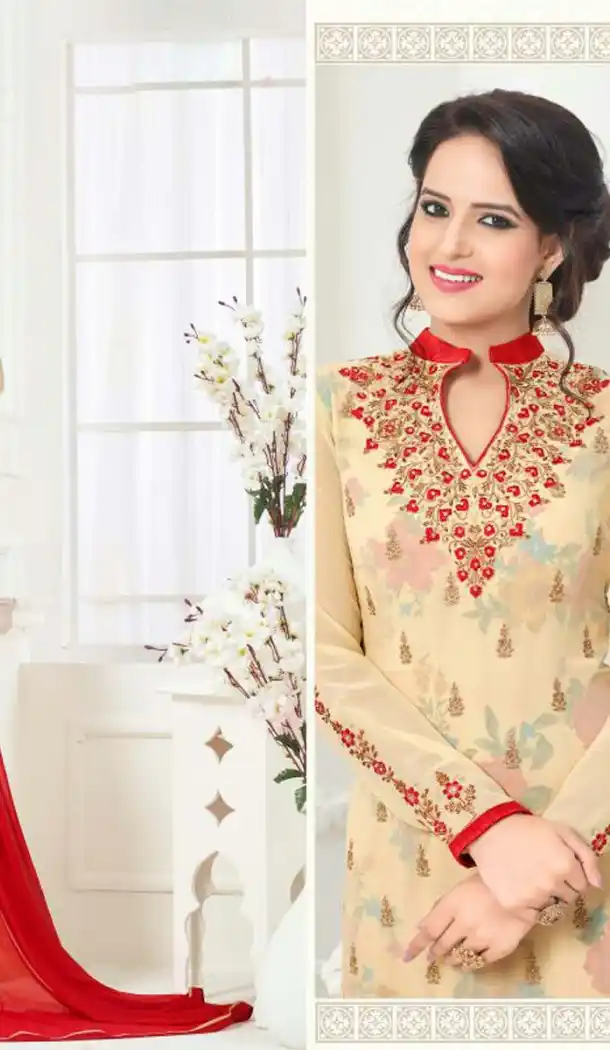 Cream Color Georgette Straight Cut Evening Wear Chudidar Kameez | FH540181237