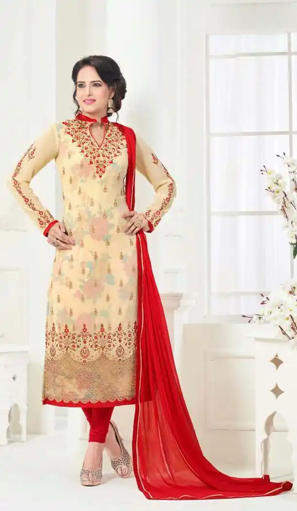 Cream Color Georgette Straight Cut Evening Wear Chudidar Kameez | FH540181237