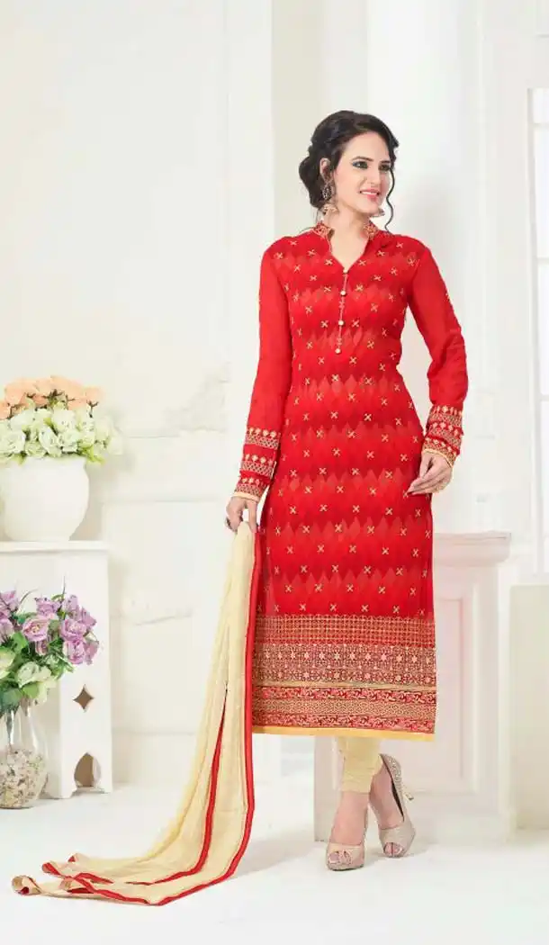 Red Color Georgette Straight Cut Evening Wear Chudidar Kameez | FH540181238