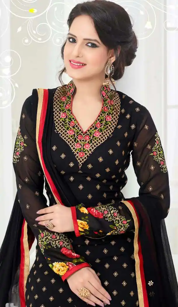 Black Color Georgette Straight Cut Evening Wear Chudidar Kameez | FH540181239