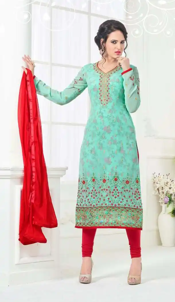 Turquoise Color Georgette Straight Cut Evening Wear Chudidar Kameez | FH540181241