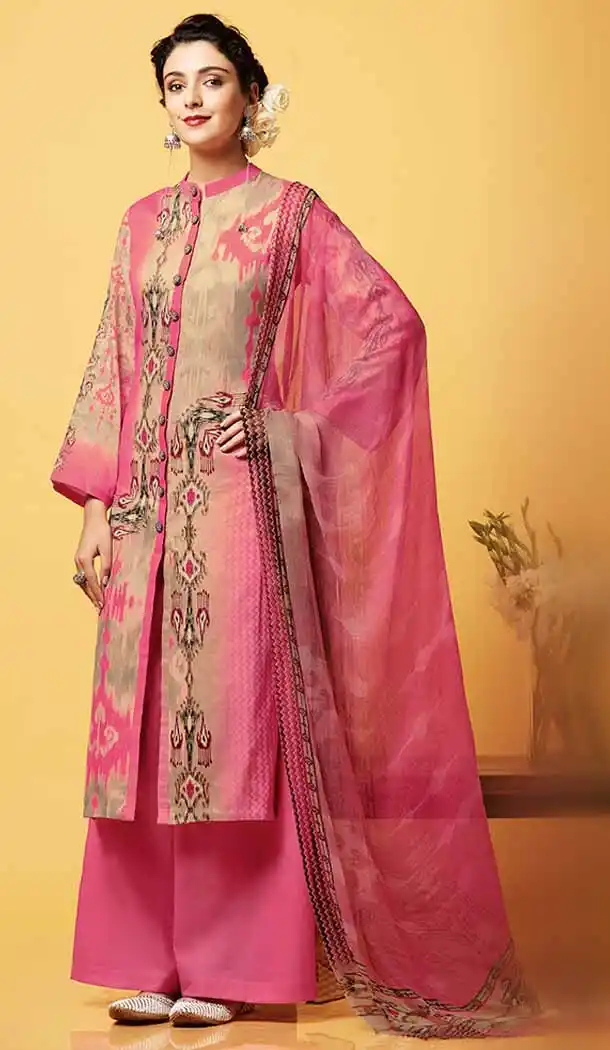 Salmon Color Chiffon Printed Evening Wear Palazzo Pant Dress | FH540381256